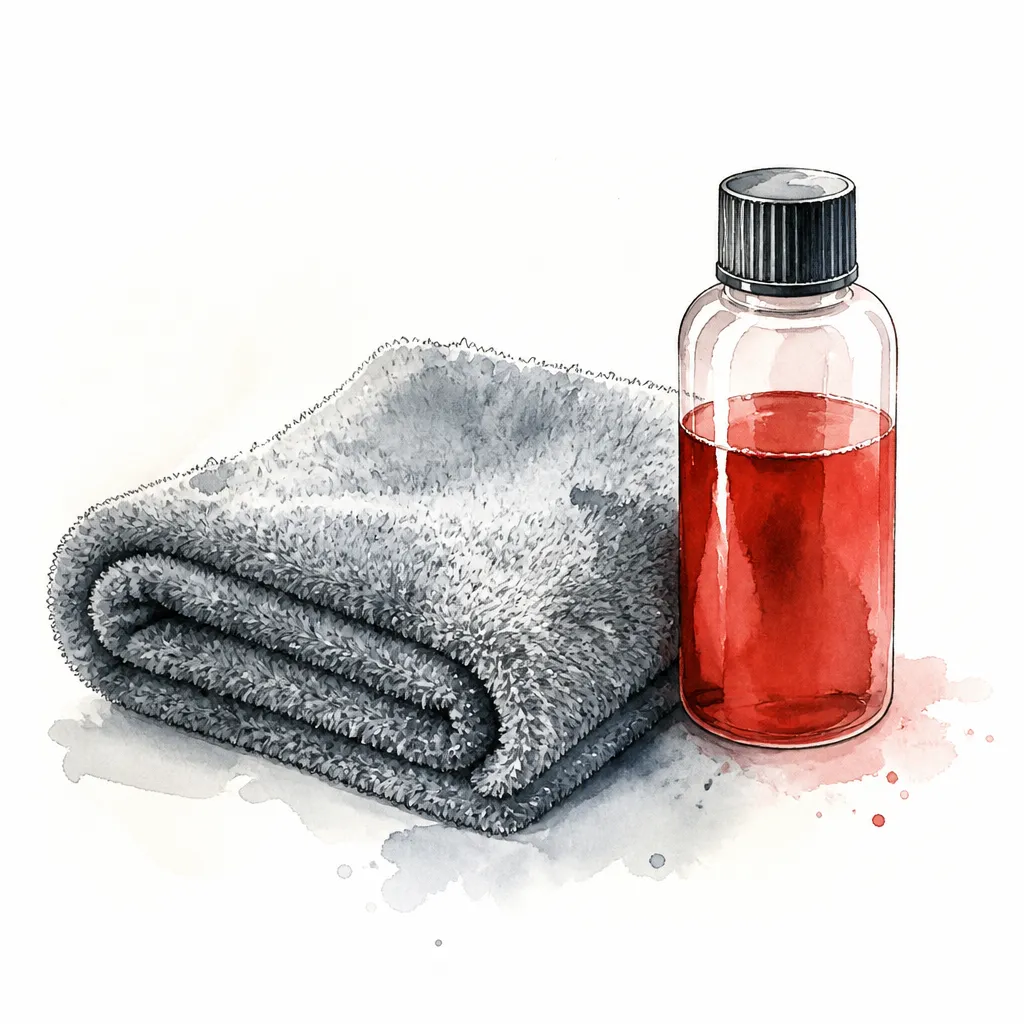 Watercolour illustration of a plush microfibre towel beside a bottle of rinseless wash concentrate.