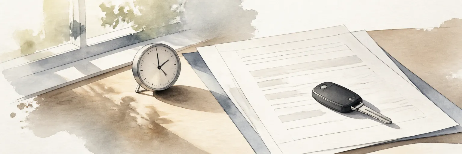 Watercolour illustration of renewal paperwork, a car key, and a plain faced clock on a quiet desk.