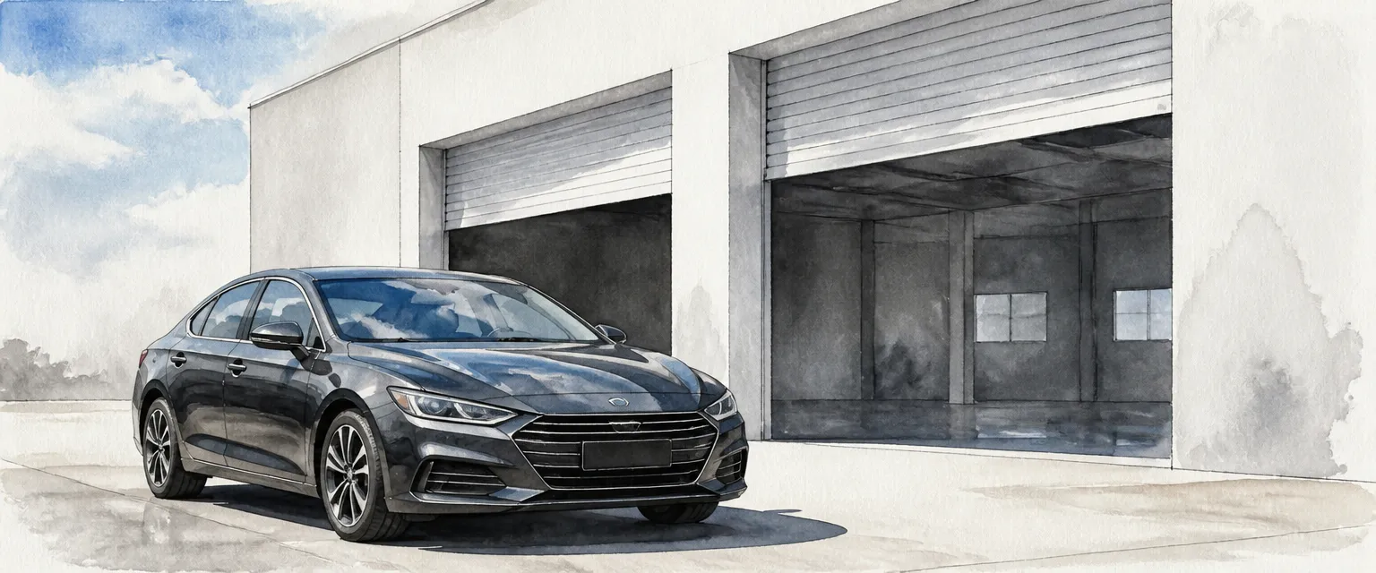 Watercolour illustration of a dark saloon waiting outside a plain vehicle inspection hall on a bright morning.