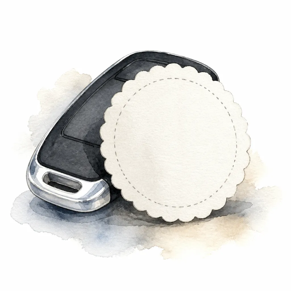 Watercolour illustration of a blank scalloped paper disc propped against a car key.