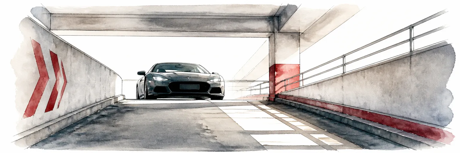 Watercolour illustration of a low sports car easing over the crest of a steep multi-storey car park ramp.