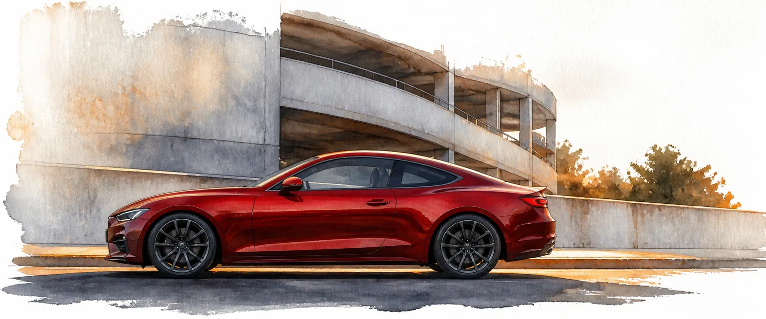 Watercolour illustration of a deep red coupe in low side view with evening light along its sill line.