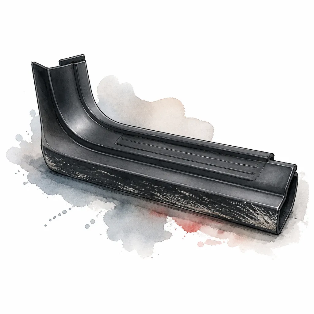 Watercolour illustration of a black plastic sill cover with a scuffed lower edge.