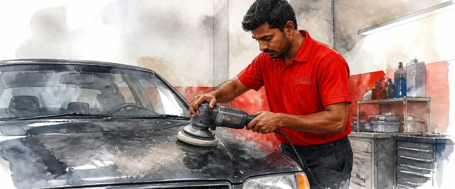 Watercolour illustration of a technician in a red polo carefully guiding a rotary polisher over a weathered bonnet.