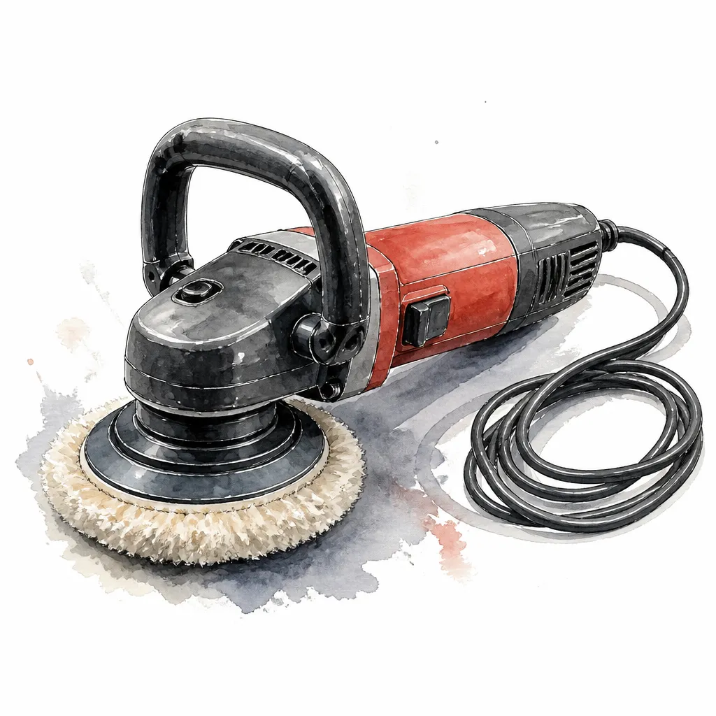 Watercolour illustration of a rotary polisher fitted with a wool cutting pad.