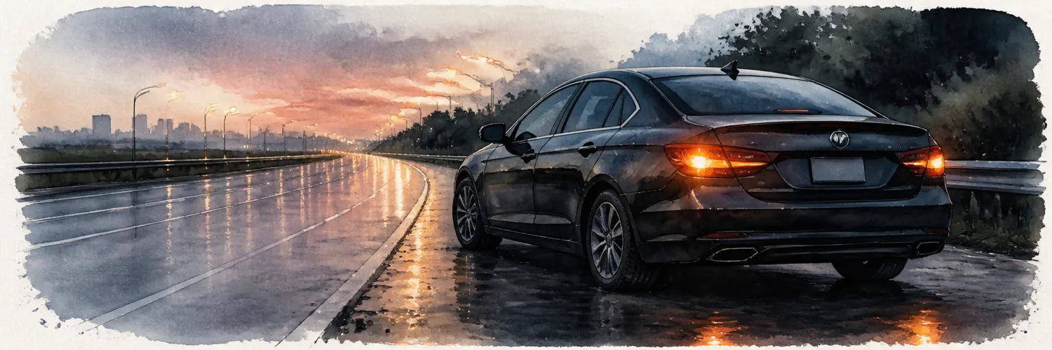 Watercolour illustration of a saloon on an expressway shoulder at dusk with one soft tyre still holding shape.