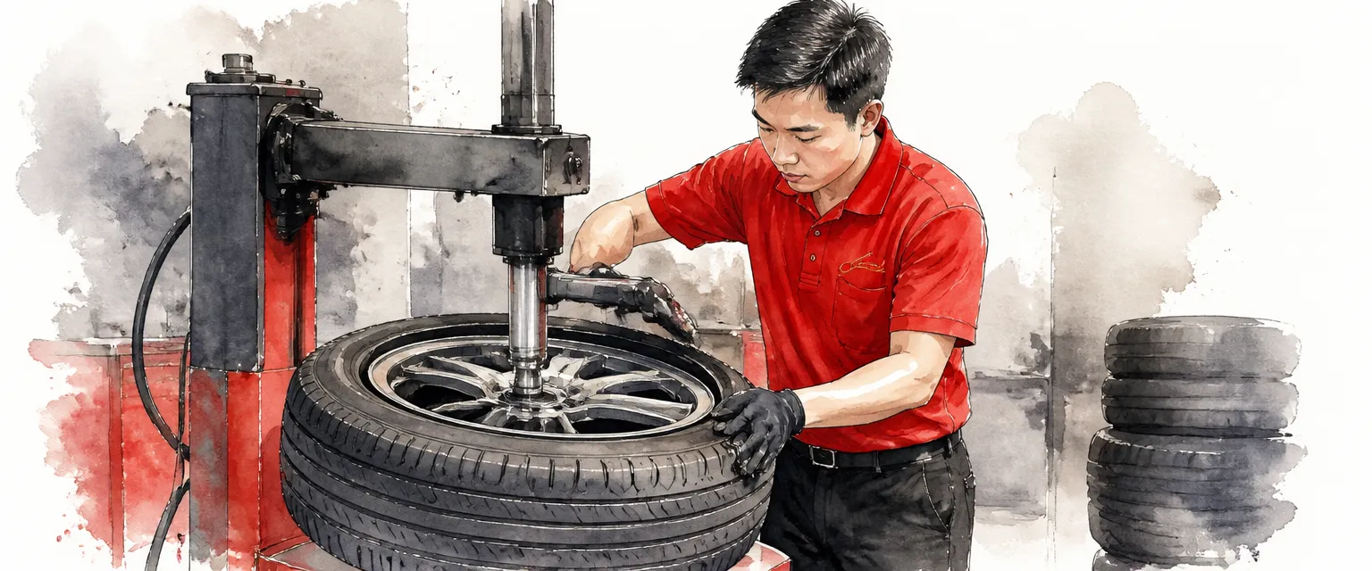 Watercolour illustration of a technician in a red polo mounting a stiff run flat tyre on a machine.
