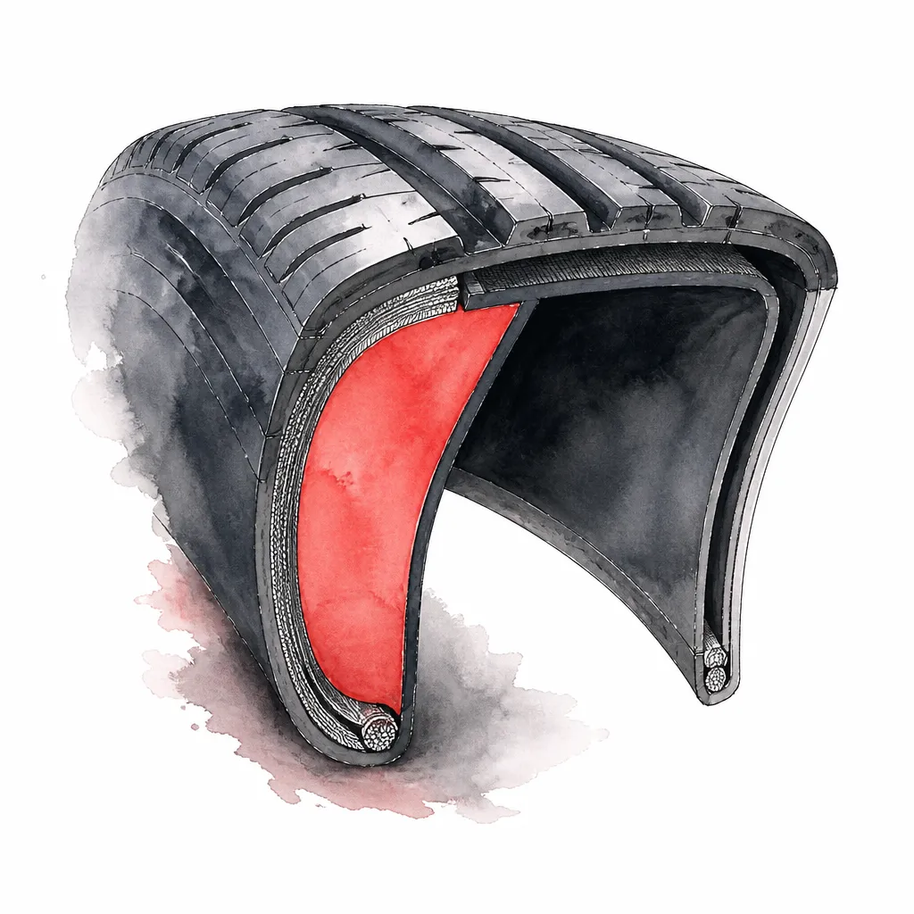 Watercolour illustration of a tyre cross section showing the thick reinforced sidewall of a run flat.