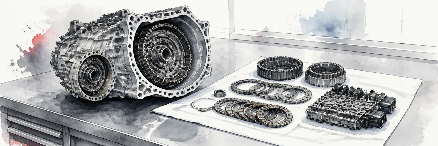 Watercolour illustration of a dual clutch gearbox opened for inspection on a workshop bench.