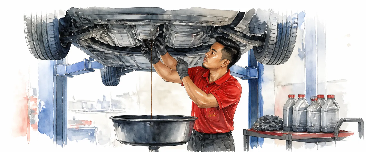 Watercolour illustration of a technician in a red polo draining gearbox fluid beneath a car on a lift.
