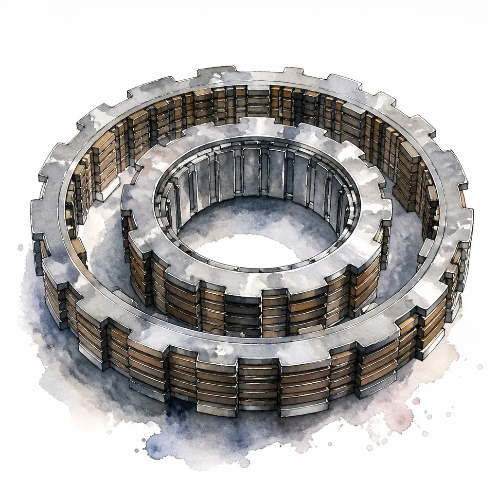 Watercolour illustration of nested clutch packs from a dual clutch gearbox.