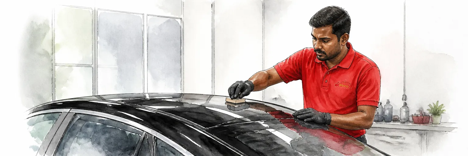 Watercolour illustration of a technician in a red polo applying protective coating to the roof of a black car.