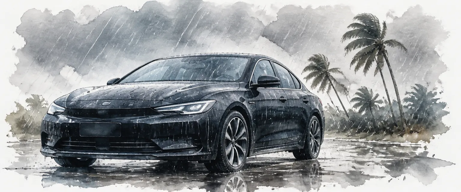 Watercolour illustration of rain beading and streaming off a coated dark saloon in a tropical downpour.