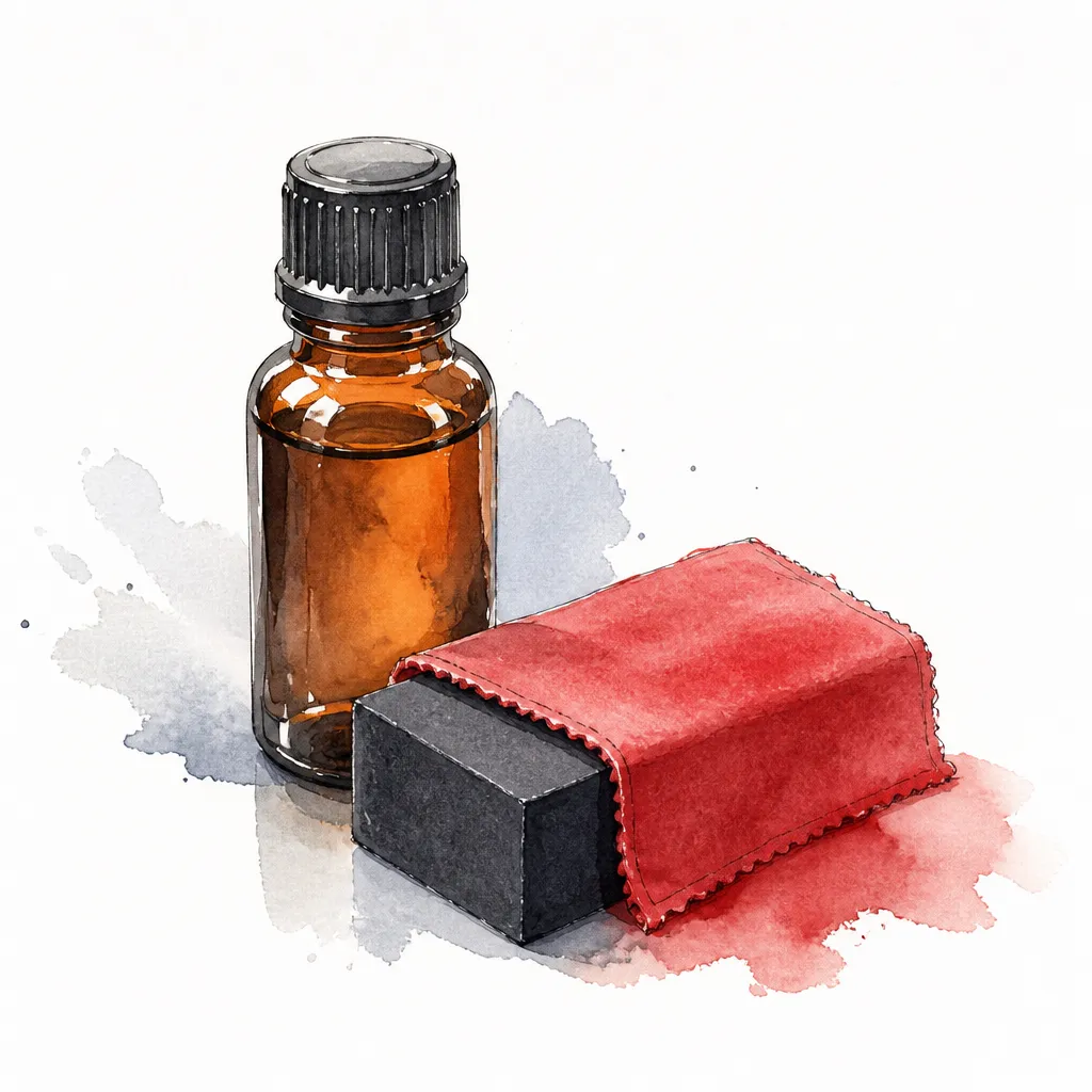 Watercolour illustration of an amber coating bottle beside a suede wrapped applicator block.