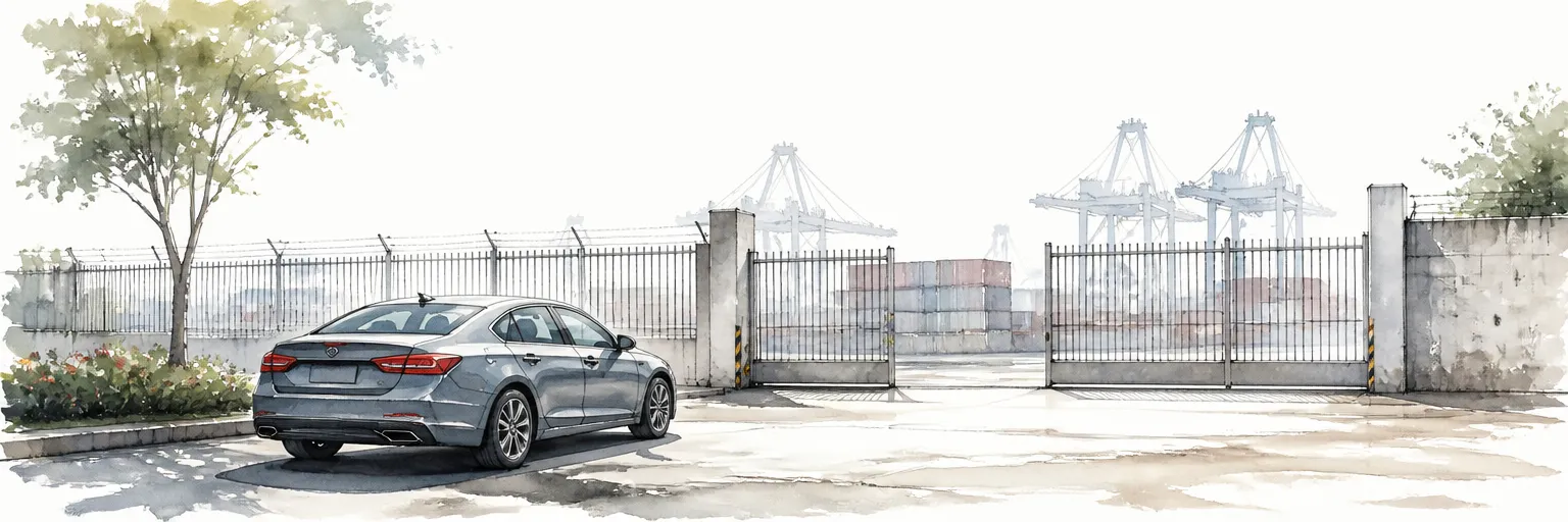 Watercolour illustration of a clean grey saloon waiting at export yard gates with container cranes in the haze.