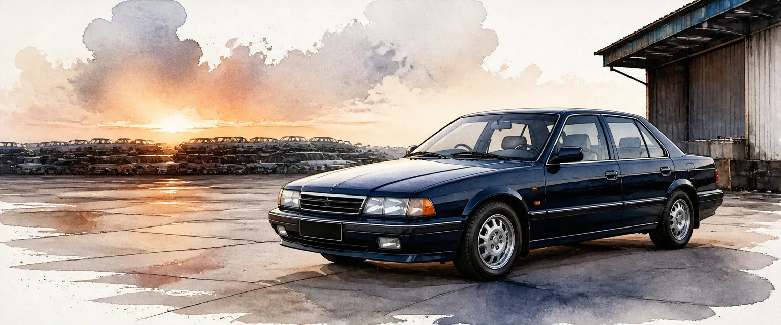 Watercolour illustration of a well kept older saloon at sunset with stacked scrap cars in silhouette behind.