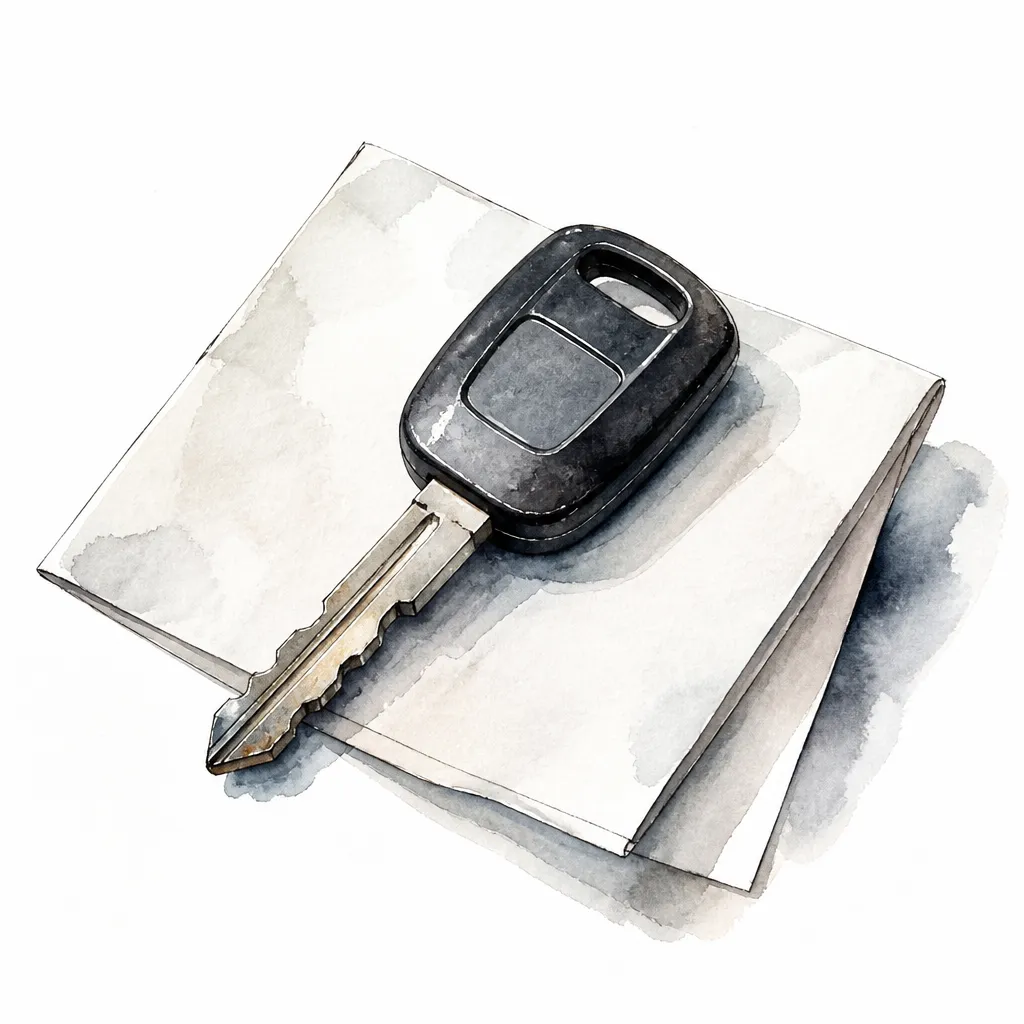 Watercolour illustration of a worn car key resting on a folded blank paper slip.