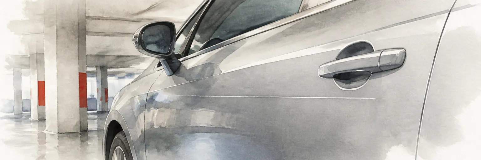 Watercolour close-up of a fine scratch line catching the light on a silver car door in a car park.