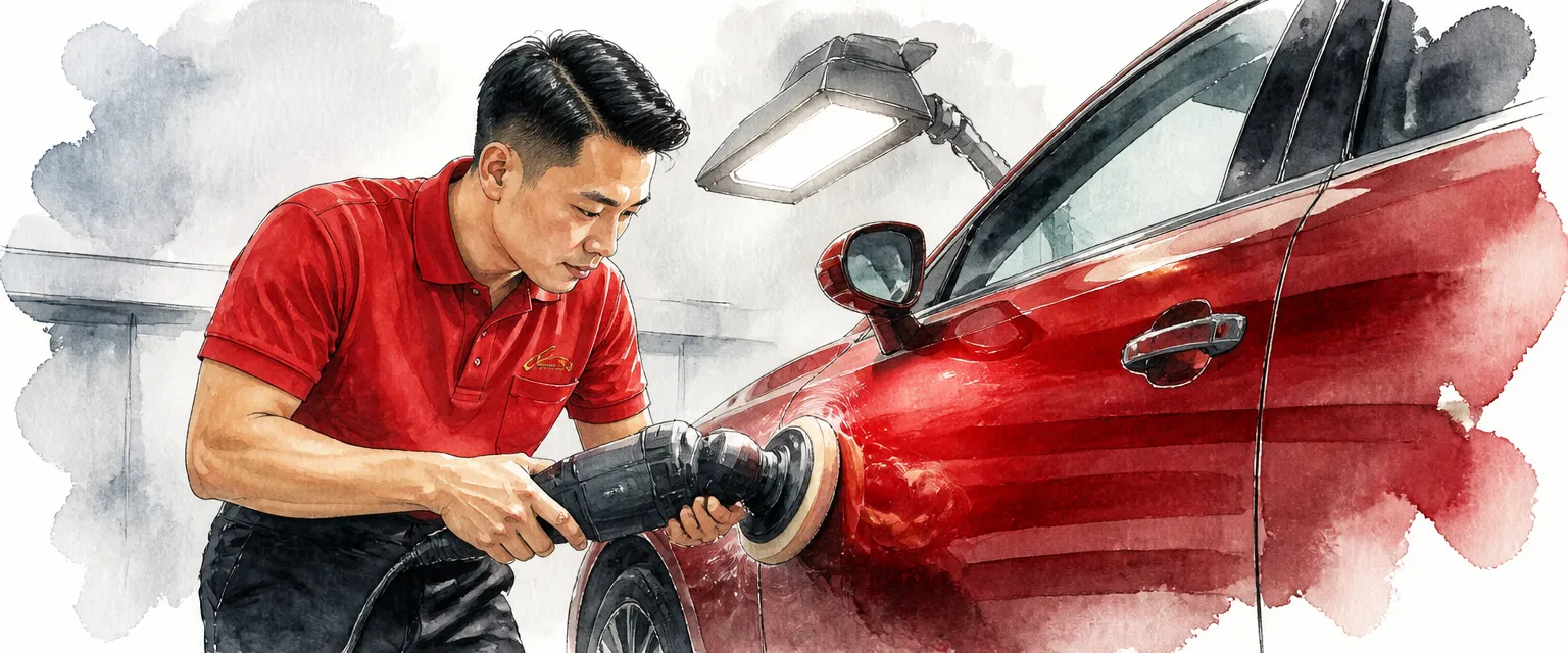 Watercolour illustration of a technician in a red polo polishing a scratch out of a red car door under a lamp.