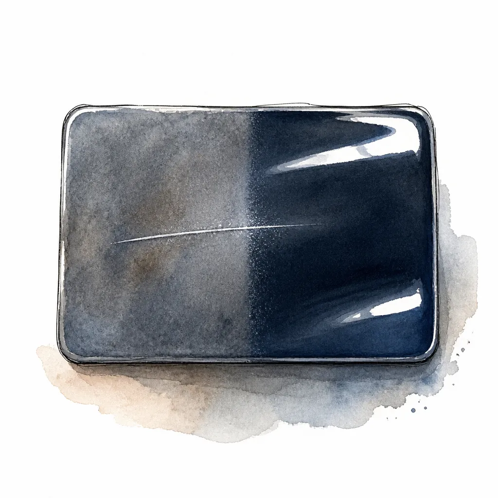 Watercolour illustration of a painted sample panel with a scratch half polished away.
