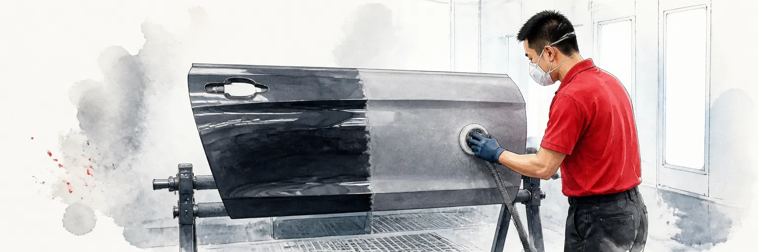 Watercolour illustration of a door panel half glossy and half sanded matte on a preparation stand.
