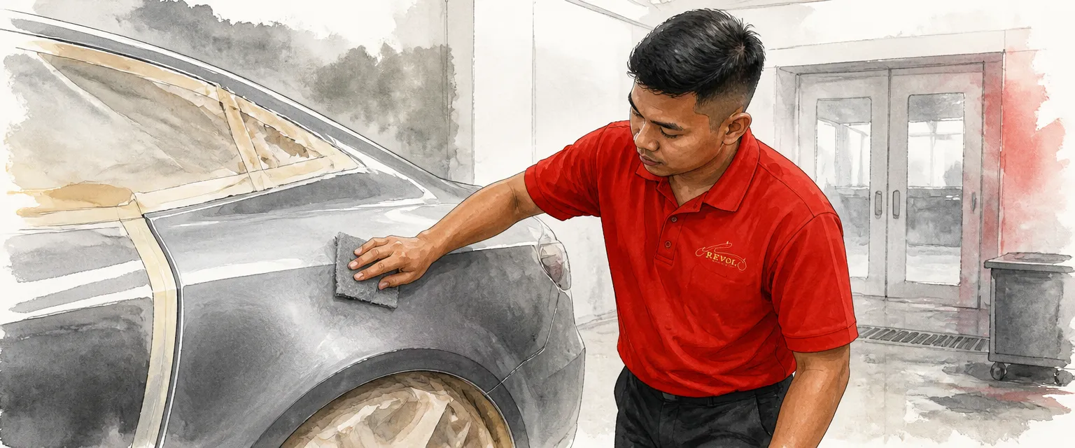 Watercolour illustration of a technician in a red polo scuff sanding a glossy wing panel to a dull key.