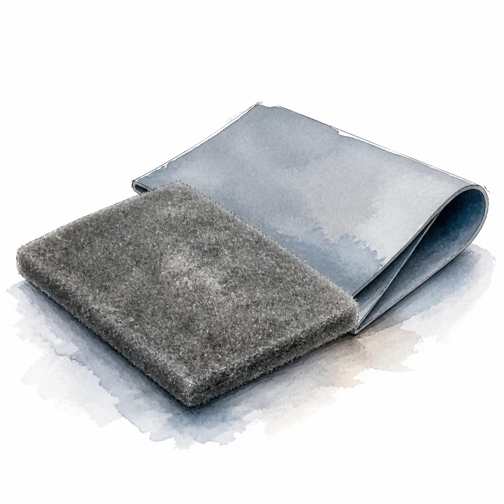 Watercolour illustration of a grey scuffing pad beside a folded sheet of fine sanding paper.