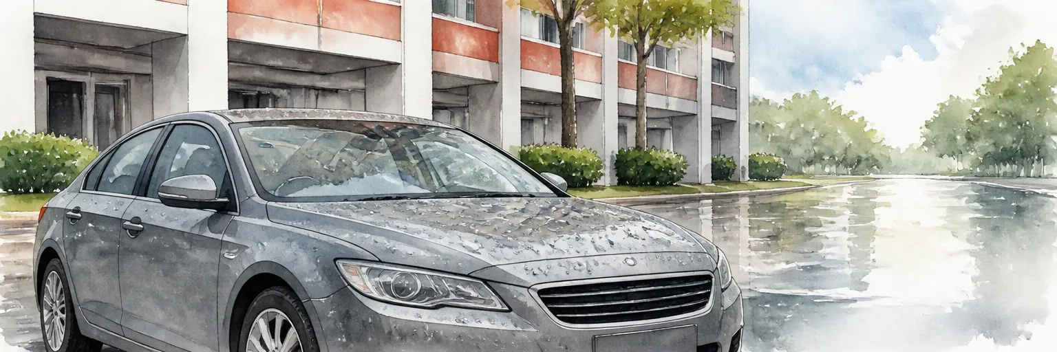 Watercolour close-up of rain beading on a freshly sealed grey bonnet outside an HDB block.