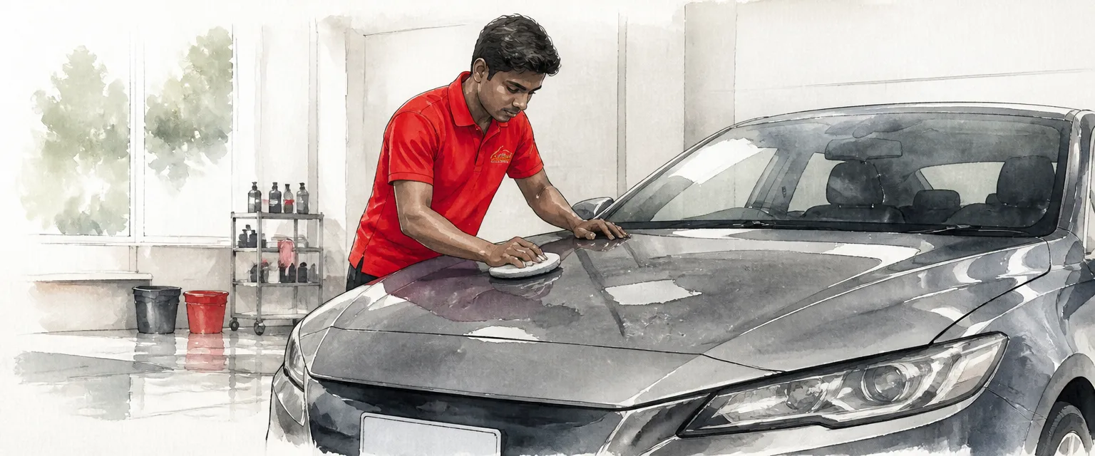 Watercolour illustration of a technician in a red polo wiping sealant onto the bonnet of a grey saloon.