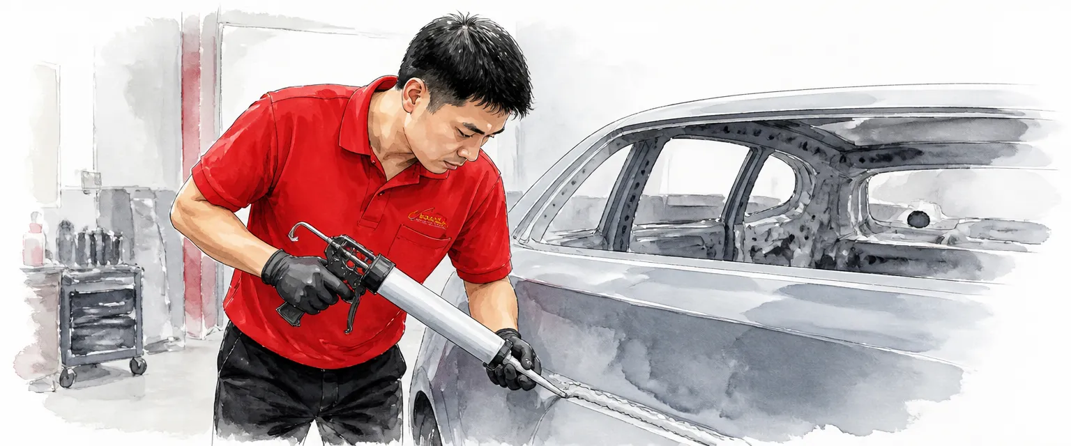 Watercolour illustration of a technician in a red polo laying a bead of seam sealer along a panel joint.