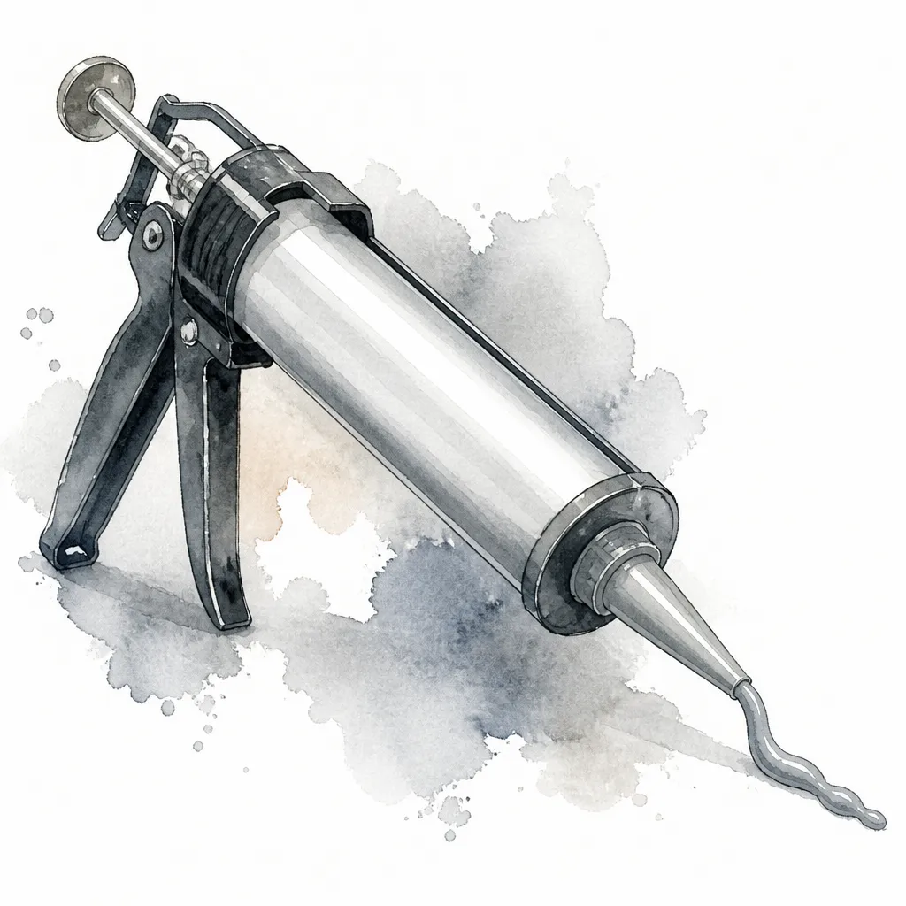 Watercolour illustration of a cartridge gun with a grey bead of seam sealer at its nozzle.