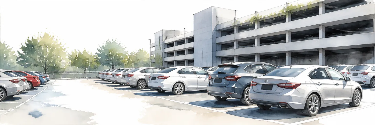 Watercolour illustration of cars baking in an open air car park while a sheltered deck stands cool behind.