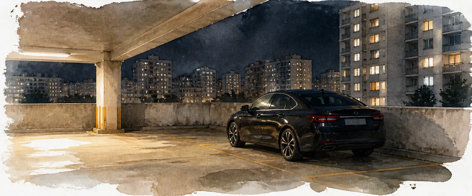 Watercolour illustration of a dark saloon in its usual HDB multi-storey car park lot at night.