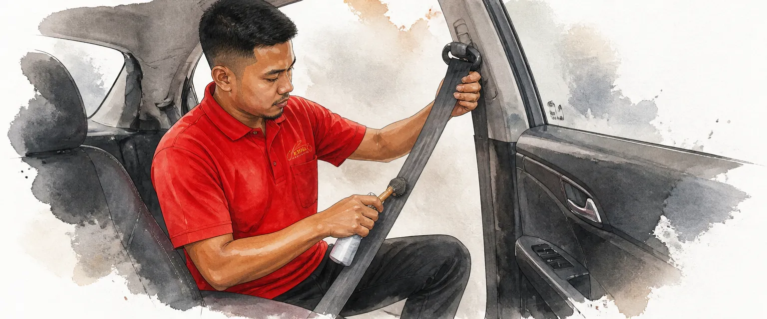 Watercolour illustration of a technician in a red polo brushing an extended seatbelt inside a car cabin.