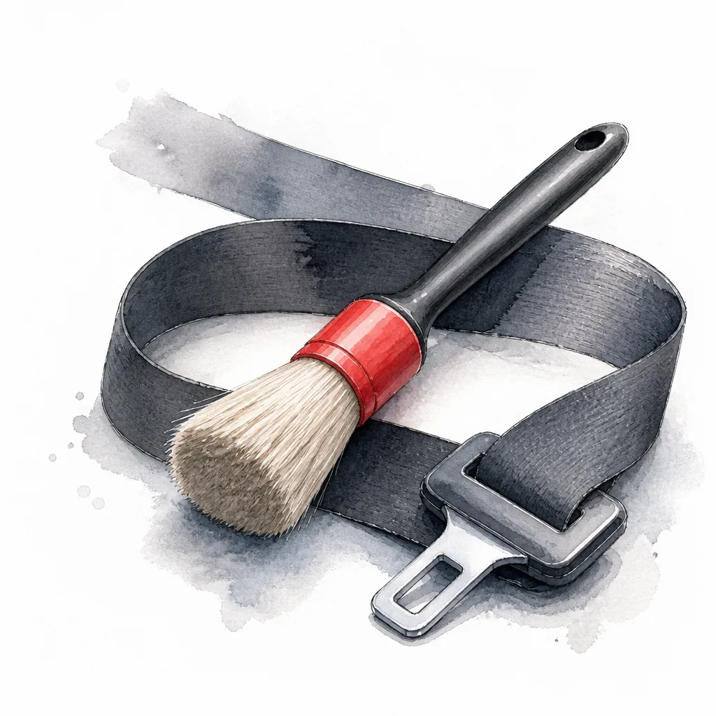 Watercolour illustration of a soft interior brush resting on a loop of seatbelt webbing.
