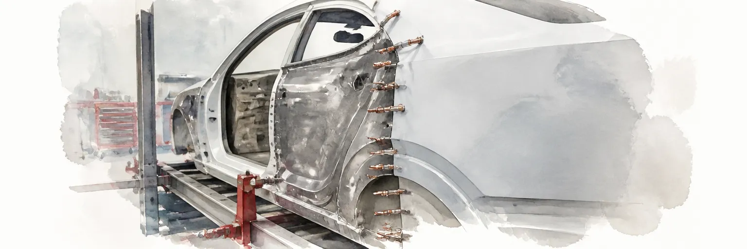 Watercolour illustration of a factory cut panel section clamped along a joint line awaiting welding.