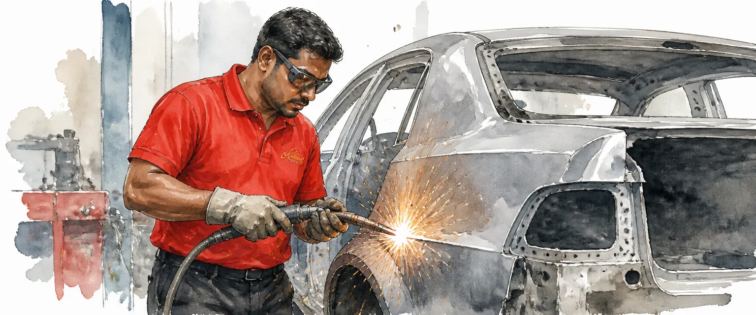 Watercolour illustration of a technician in a red polo welding a new panel section into a car body.