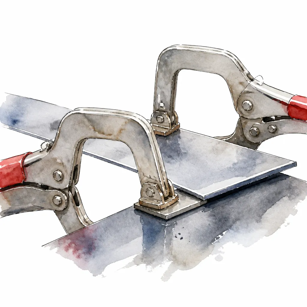 Watercolour illustration of steel welding clamps gripping two overlapped metal edges.