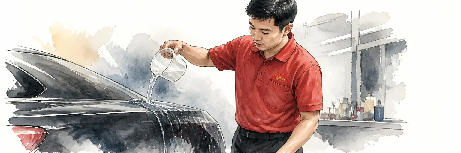 Watercolour illustration of a technician in a red polo pouring warm water over a filmed wing to heal light marks.