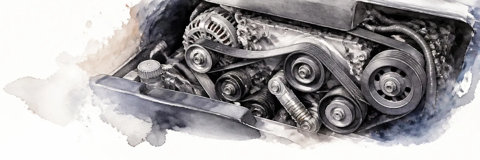 Watercolour illustration of a ribbed belt snaking around the pulleys of an open engine bay.