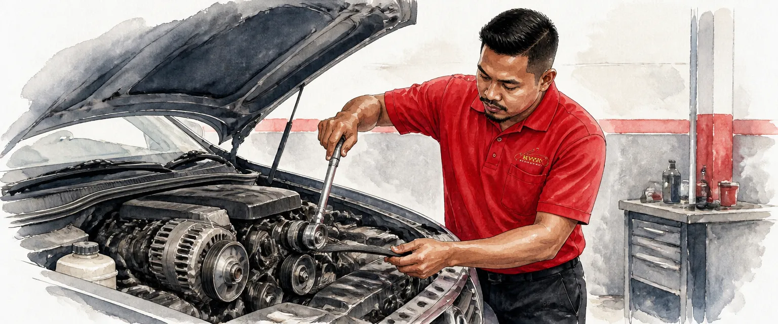 Watercolour illustration of a technician in a red polo threading a new serpentine belt around engine pulleys.
