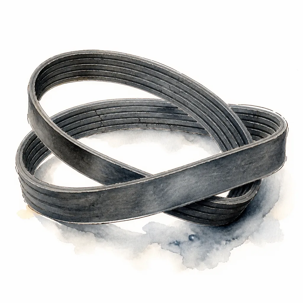 Watercolour illustration of a coiled serpentine belt with fine cracks across its ribs.