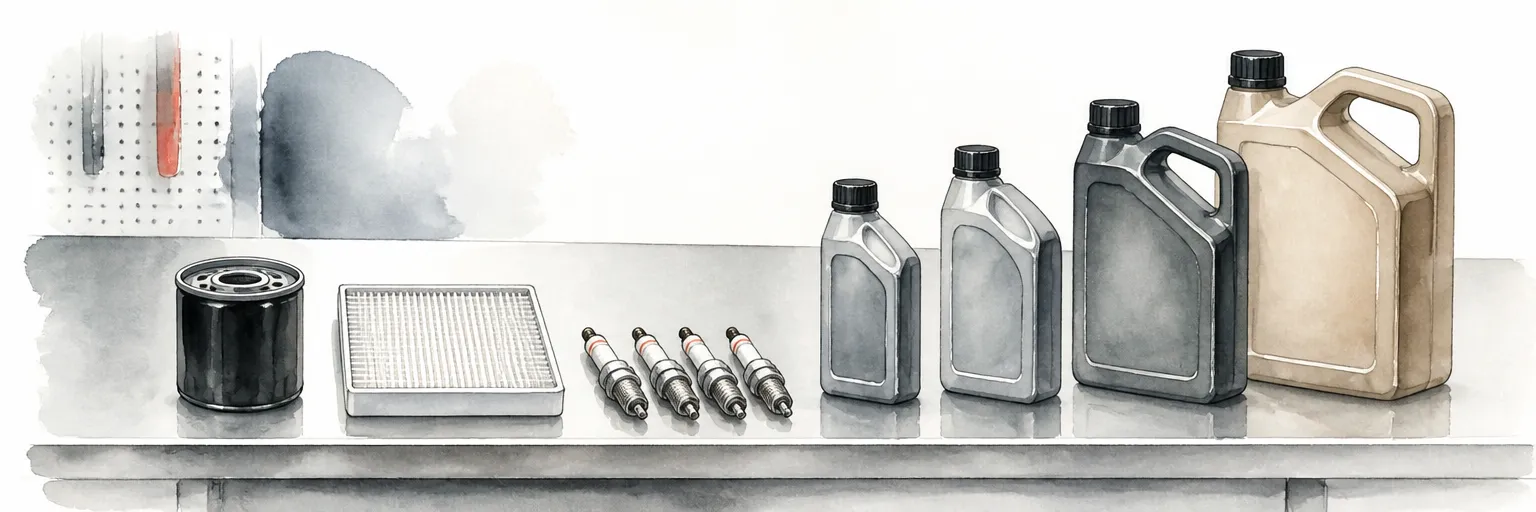 Watercolour illustration of service parts laid out in neat rows on a workshop bench.