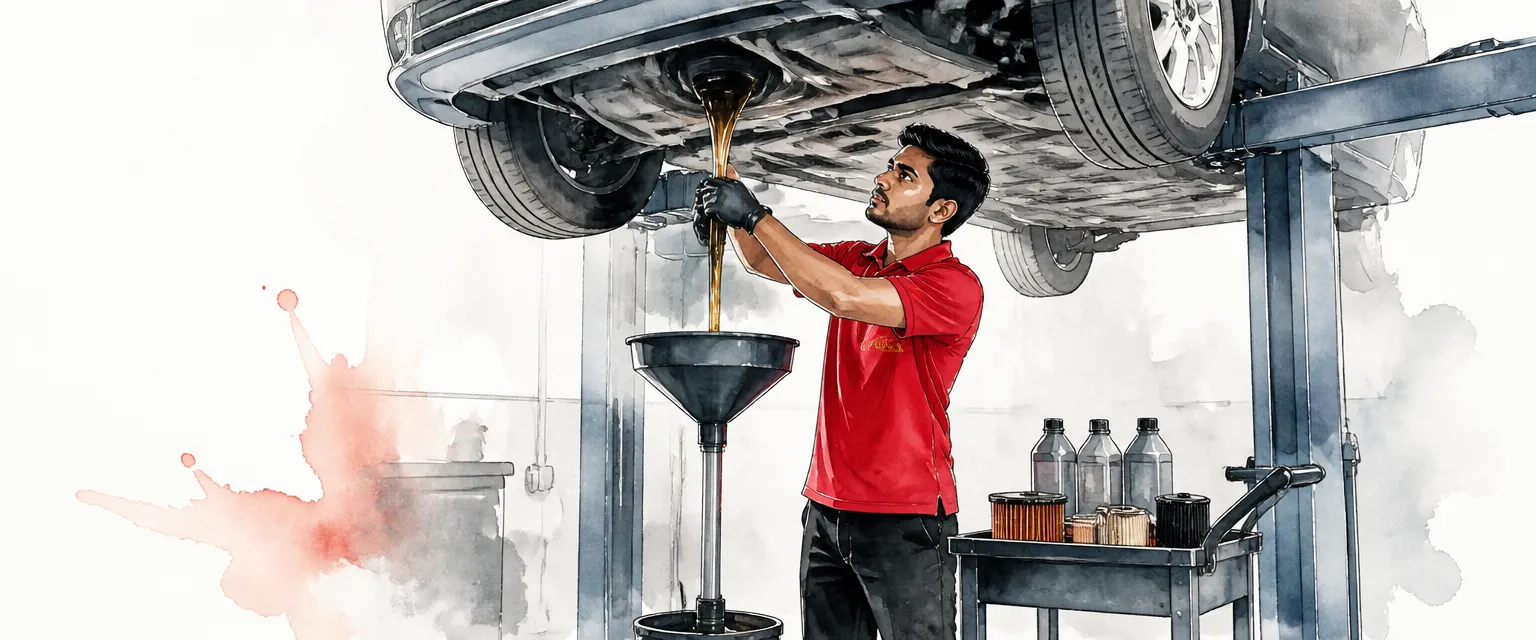 Watercolour illustration of a technician in a red polo draining engine oil from a car raised on a lift.