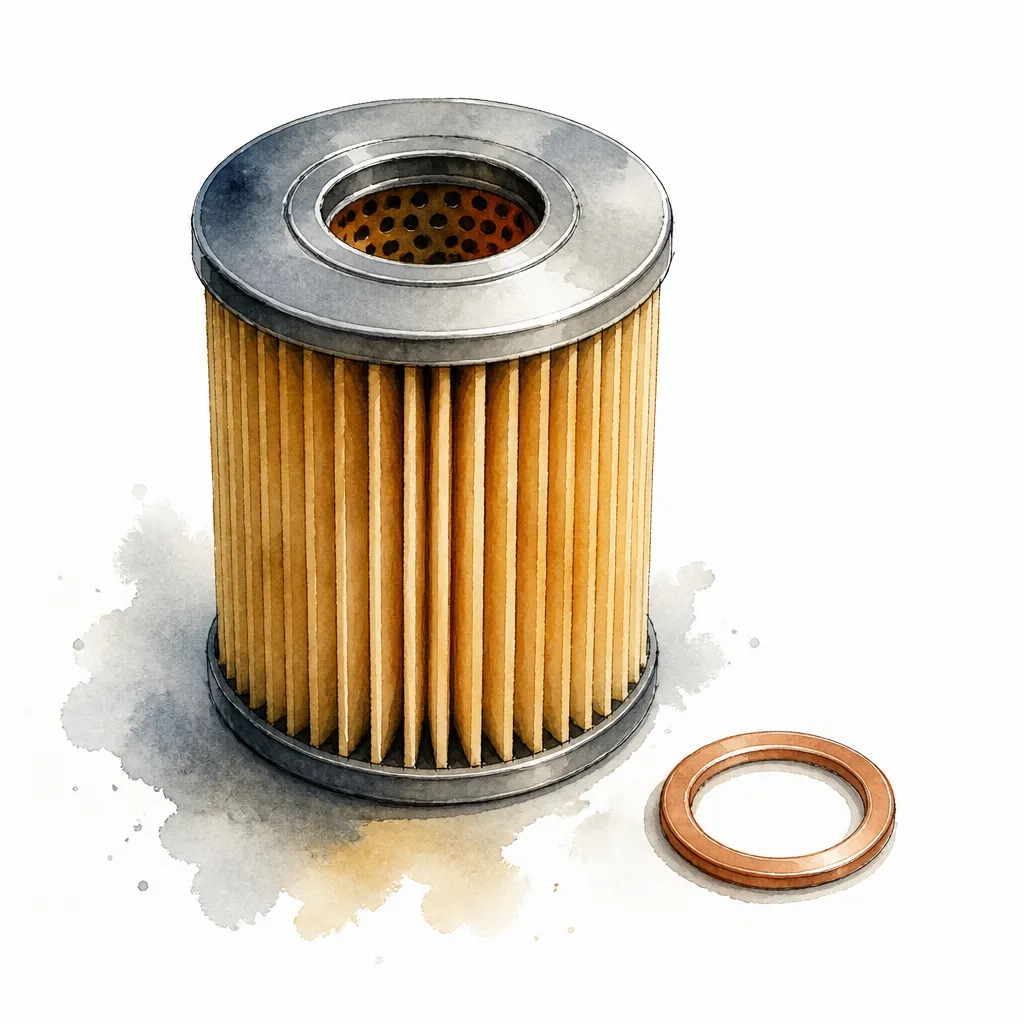 Watercolour illustration of a pleated oil filter cartridge beside a copper crush washer.