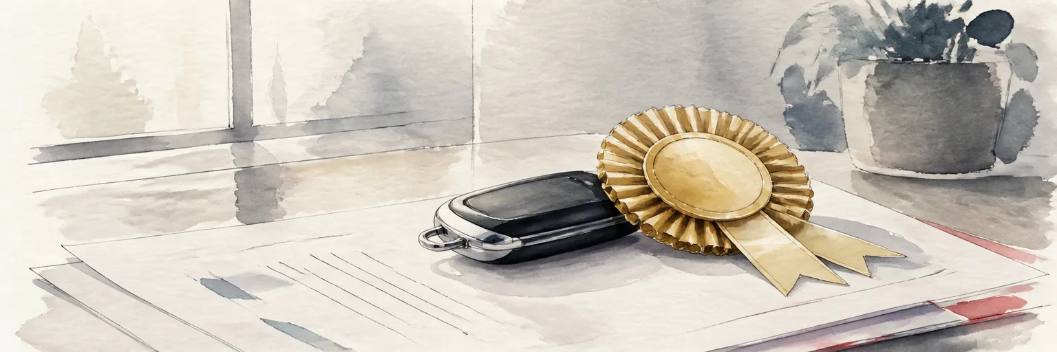 Watercolour illustration of a gold rosette award ribbon and car key resting on desk paperwork.