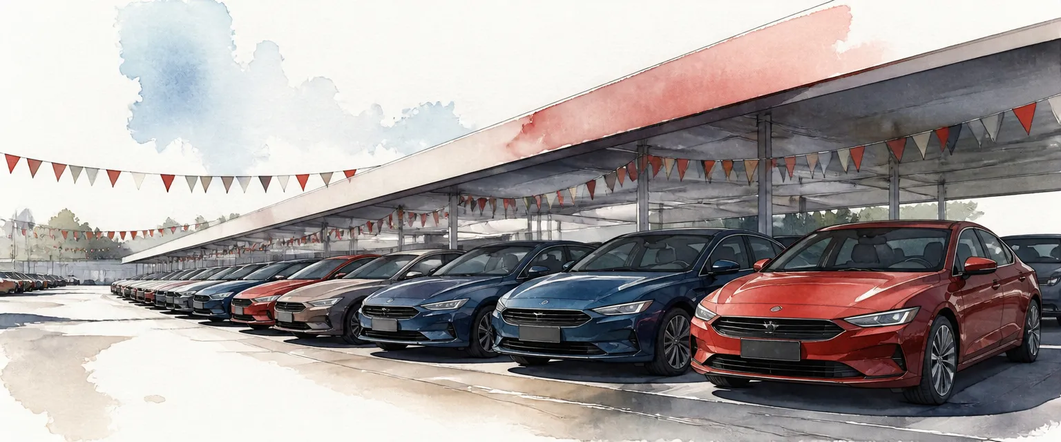 Watercolour illustration of rows of gleaming used cars under dealer awnings and plain bunting.