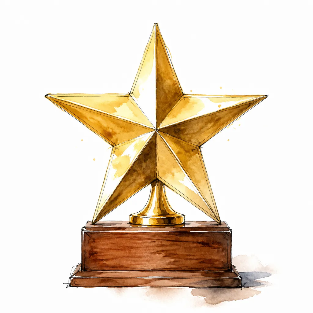 Watercolour illustration of a gold star trophy on a small wooden base.