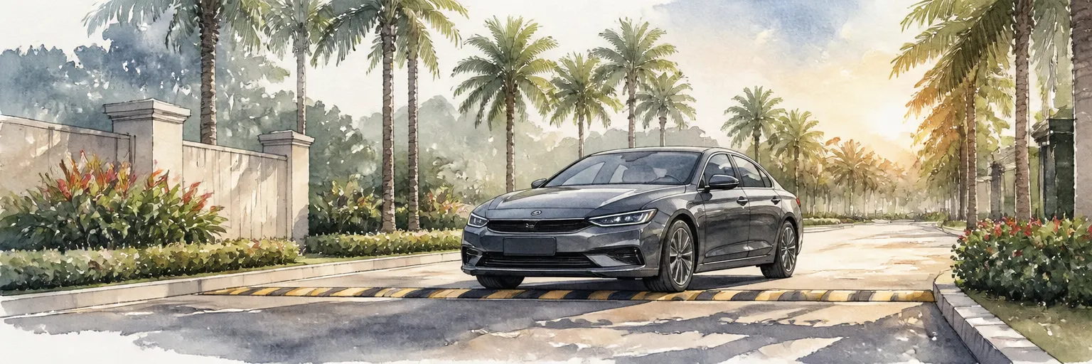 Watercolour illustration of a grey saloon settling level over a speed hump on a palm lined road.