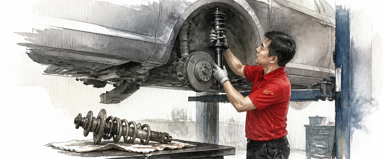 Watercolour illustration of a technician in a red polo fitting a new shock absorber into a wheel arch.